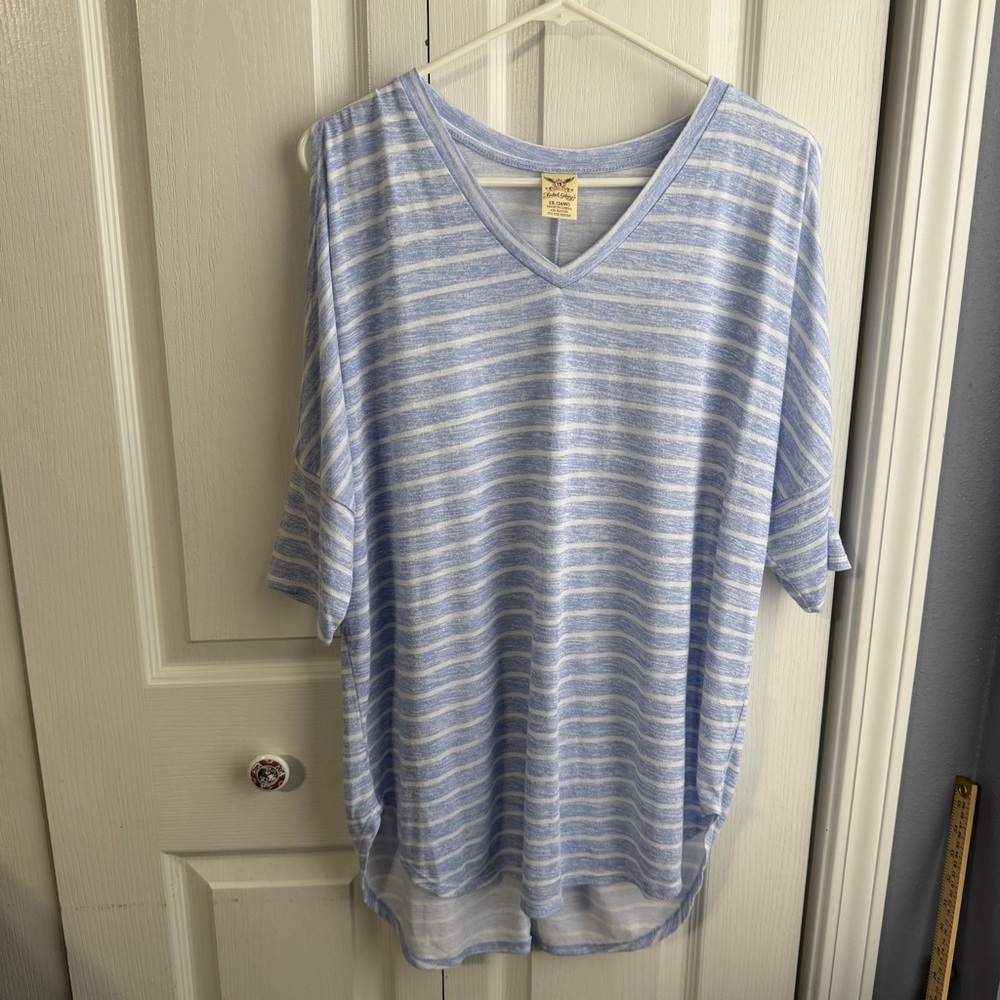 Faded Glory blue white striped cold shoulder blouse size 1X‎ 16W